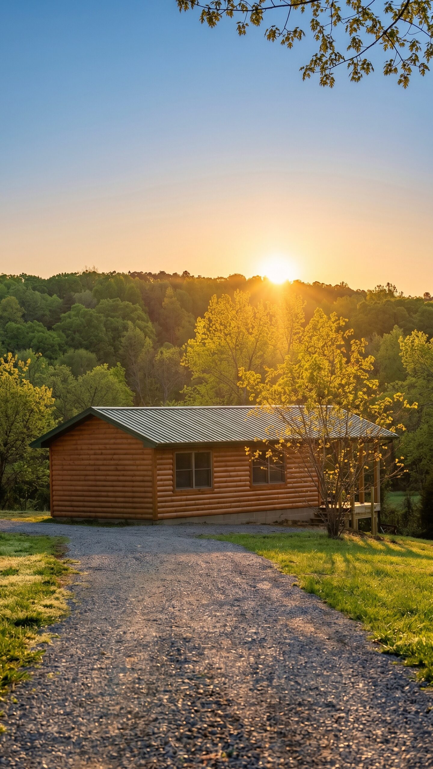 Hot tub with scenic sunset view at Shawnee Forest Cabin